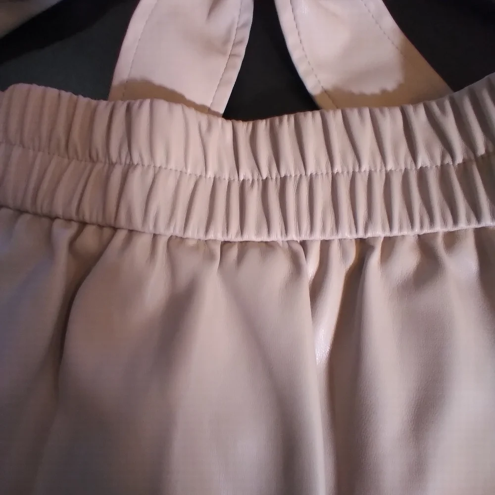 Est 1946 Elegant Cream Faux Leather Skirt Elastic In Back Tie Belt Pockets M